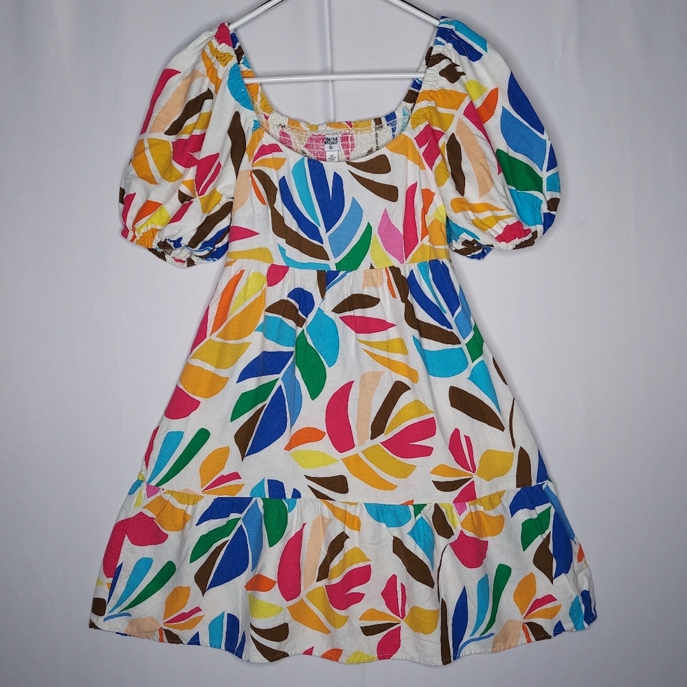 Tabitha Brown Target XS Linen Blend Botanical Print Puff-Sleeve Mini Dress‎